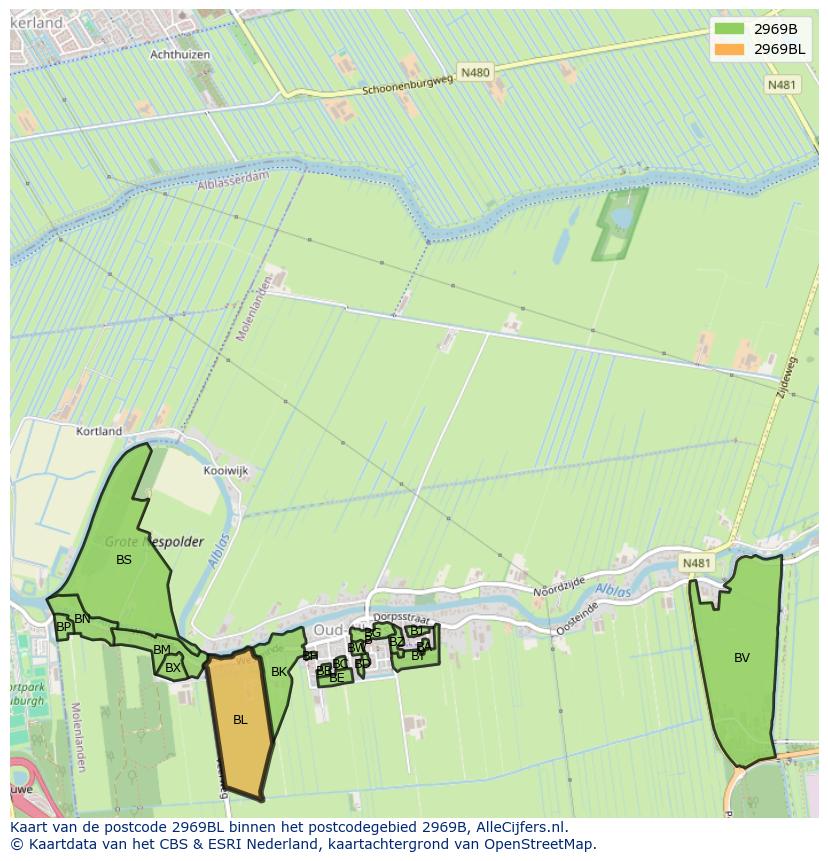 Afbeelding van het postcodegebied 2969 BL op de kaart.