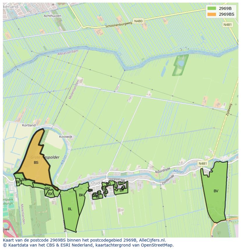 Afbeelding van het postcodegebied 2969 BS op de kaart.