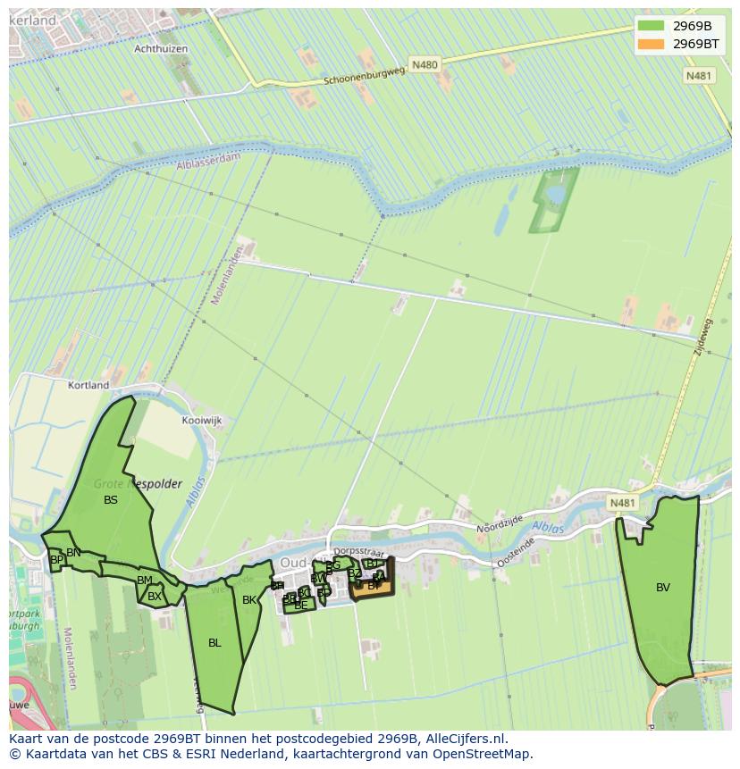 Afbeelding van het postcodegebied 2969 BT op de kaart.