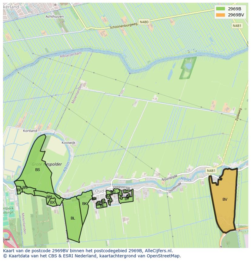 Afbeelding van het postcodegebied 2969 BV op de kaart.