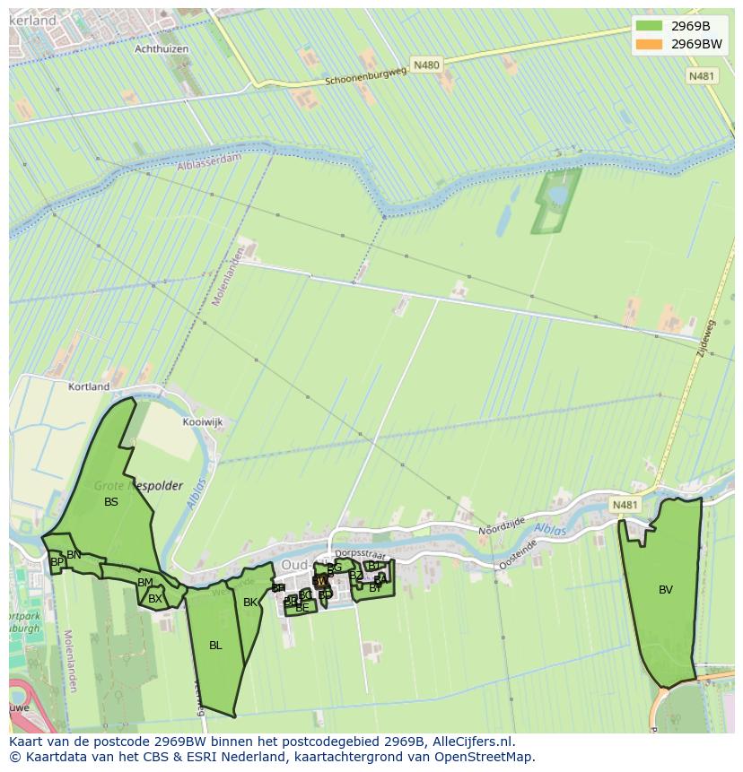 Afbeelding van het postcodegebied 2969 BW op de kaart.