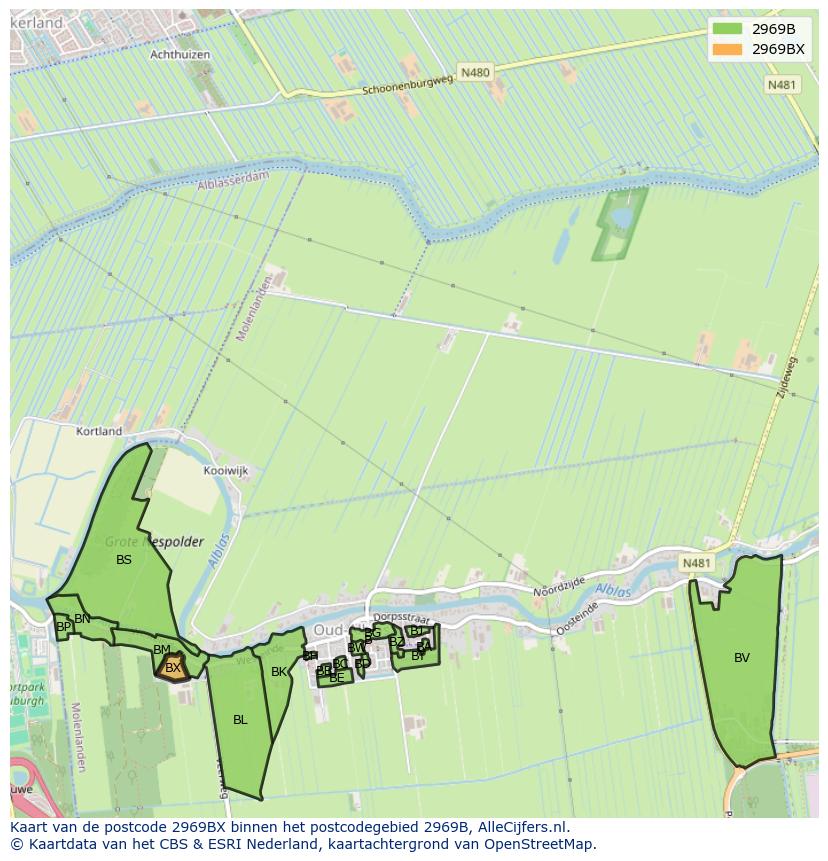 Afbeelding van het postcodegebied 2969 BX op de kaart.