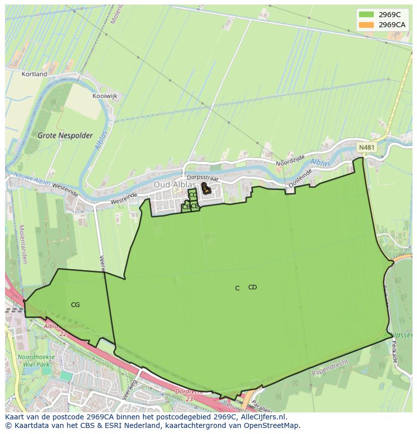 Afbeelding van het postcodegebied 2969 CA op de kaart.