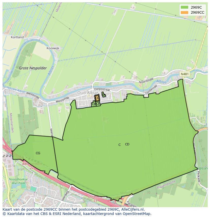Afbeelding van het postcodegebied 2969 CC op de kaart.