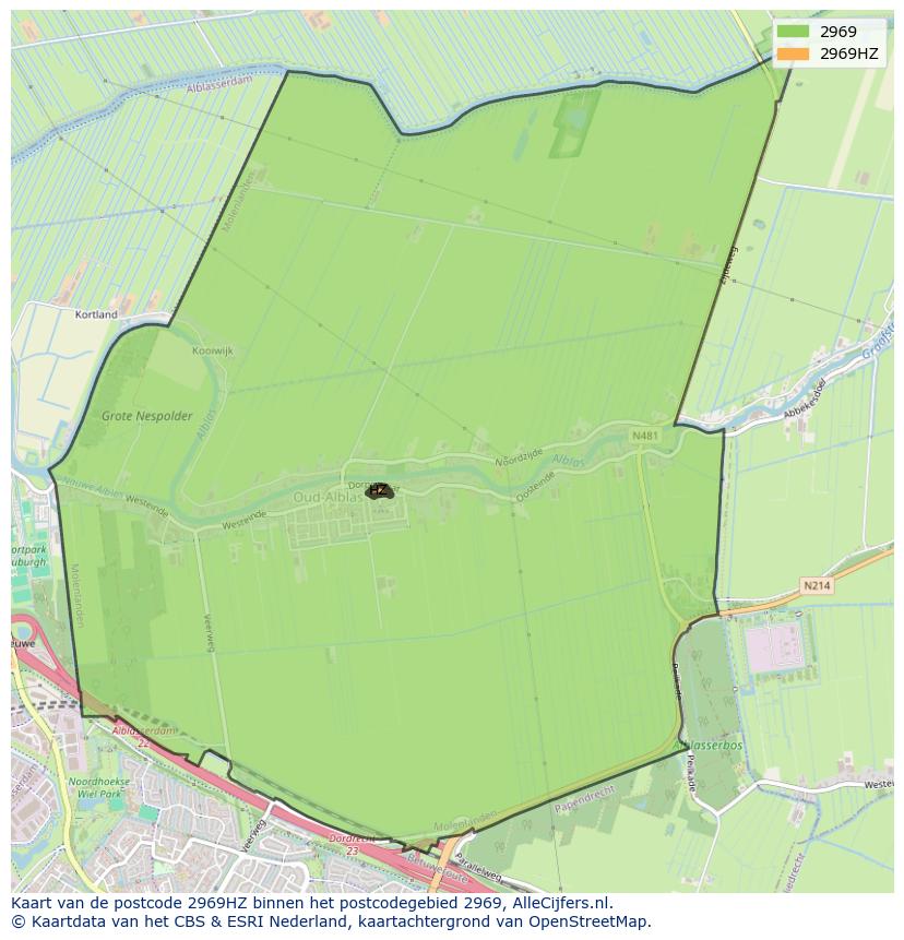 Afbeelding van het postcodegebied 2969 HZ op de kaart.