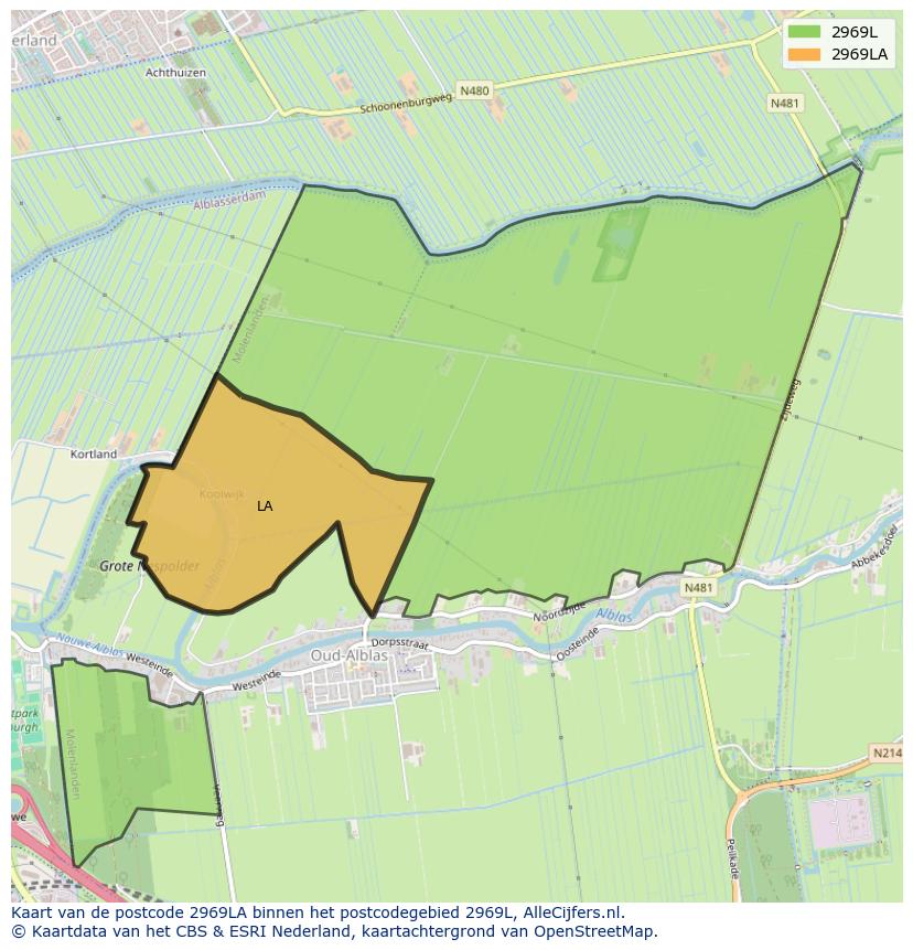 Afbeelding van het postcodegebied 2969 LA op de kaart.