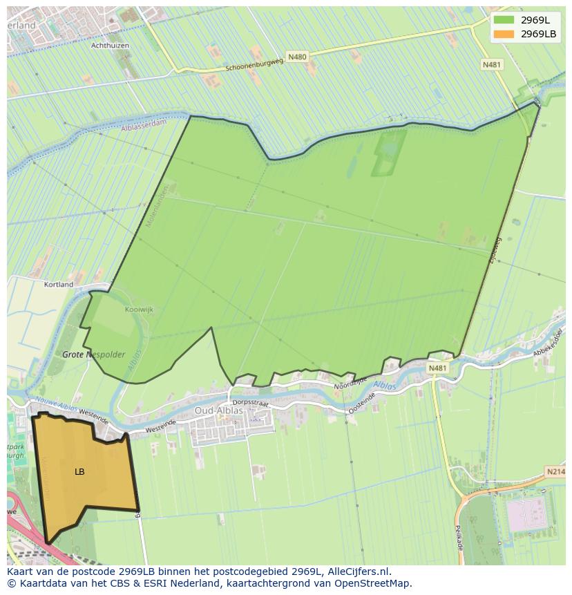 Afbeelding van het postcodegebied 2969 LB op de kaart.
