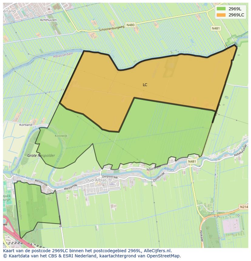 Afbeelding van het postcodegebied 2969 LC op de kaart.