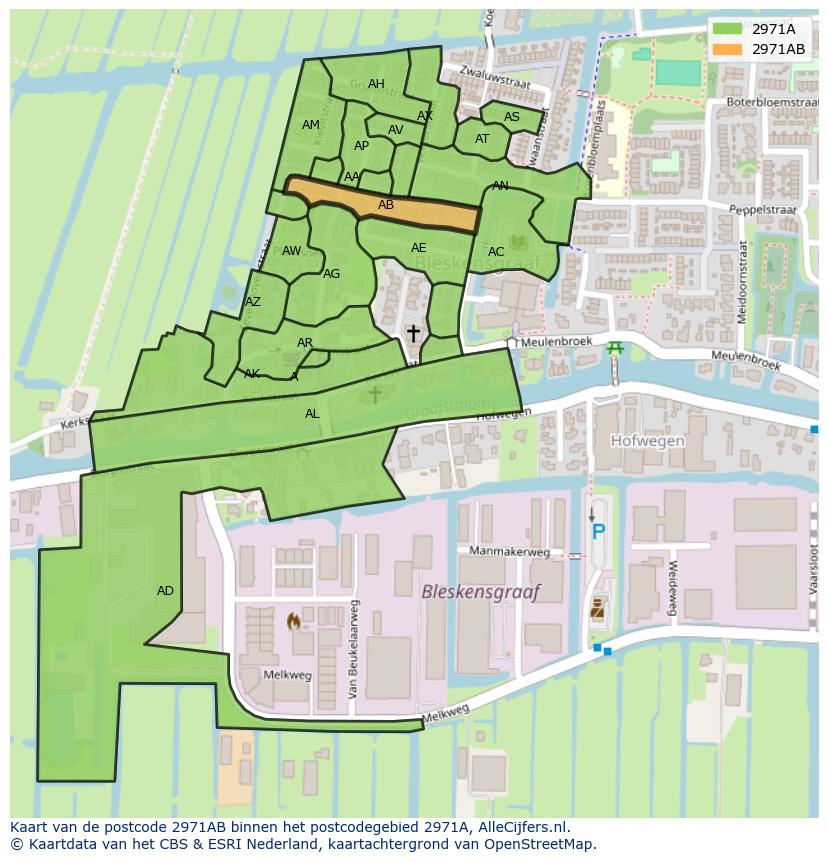 Afbeelding van het postcodegebied 2971 AB op de kaart.