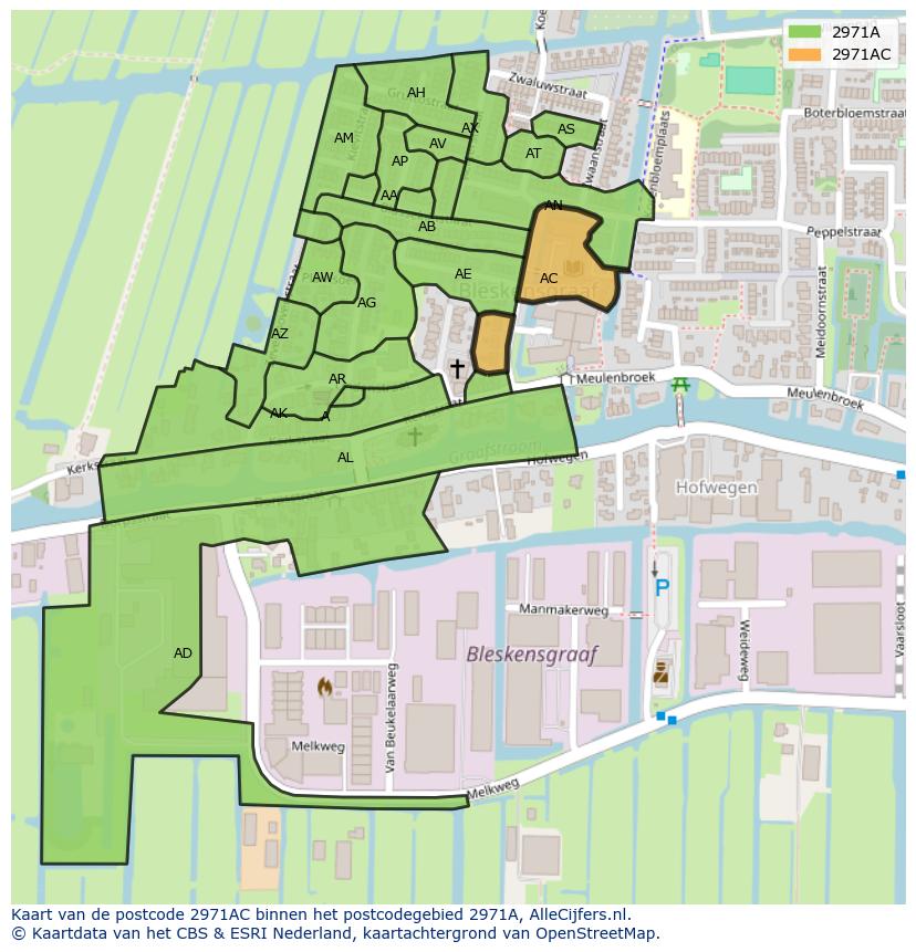 Afbeelding van het postcodegebied 2971 AC op de kaart.