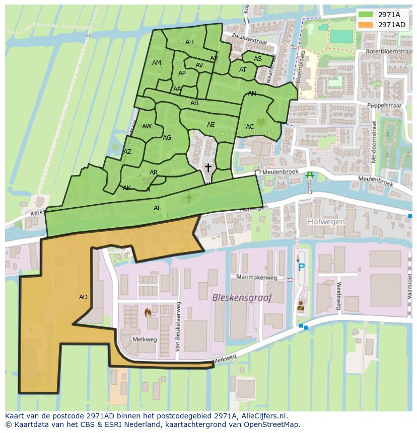 Afbeelding van het postcodegebied 2971 AD op de kaart.