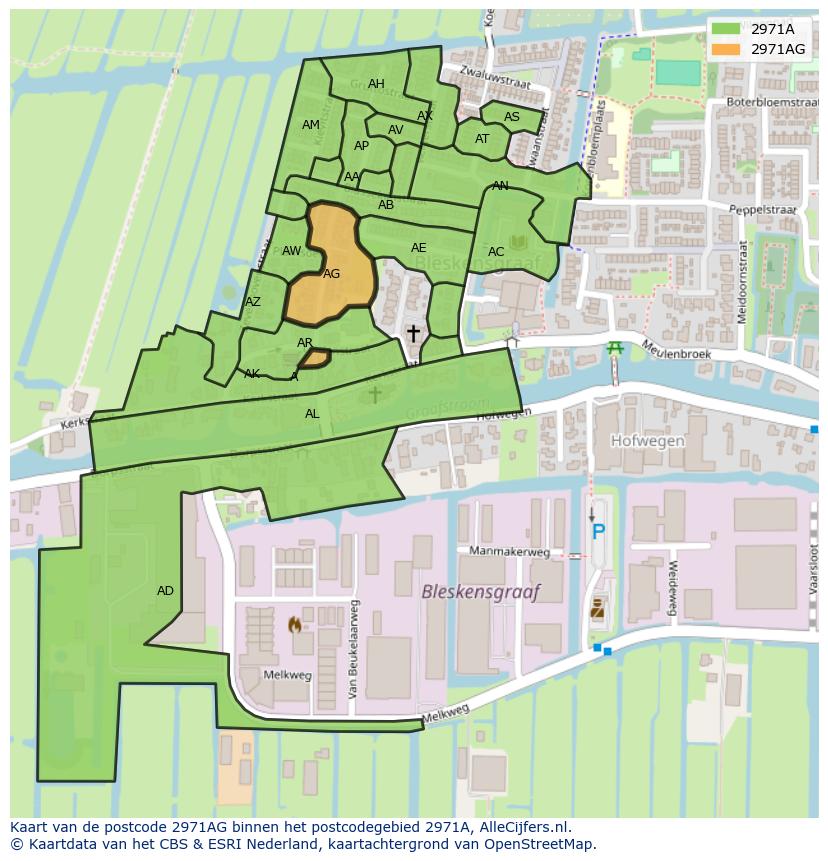 Afbeelding van het postcodegebied 2971 AG op de kaart.