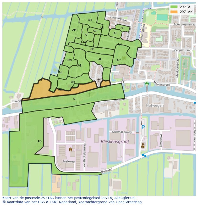 Afbeelding van het postcodegebied 2971 AK op de kaart.