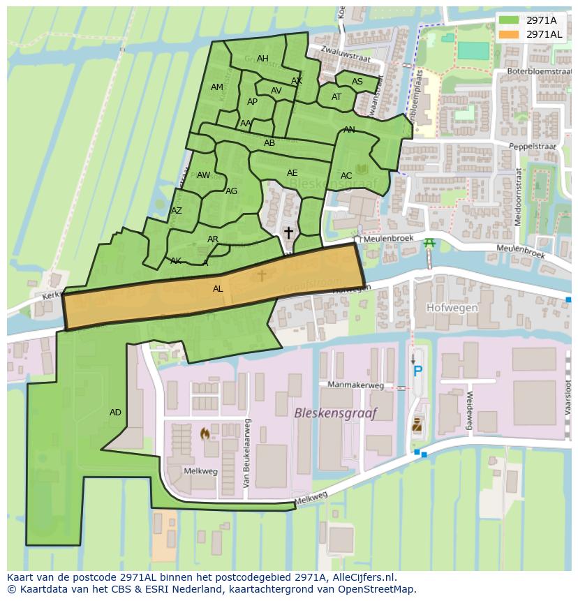 Afbeelding van het postcodegebied 2971 AL op de kaart.