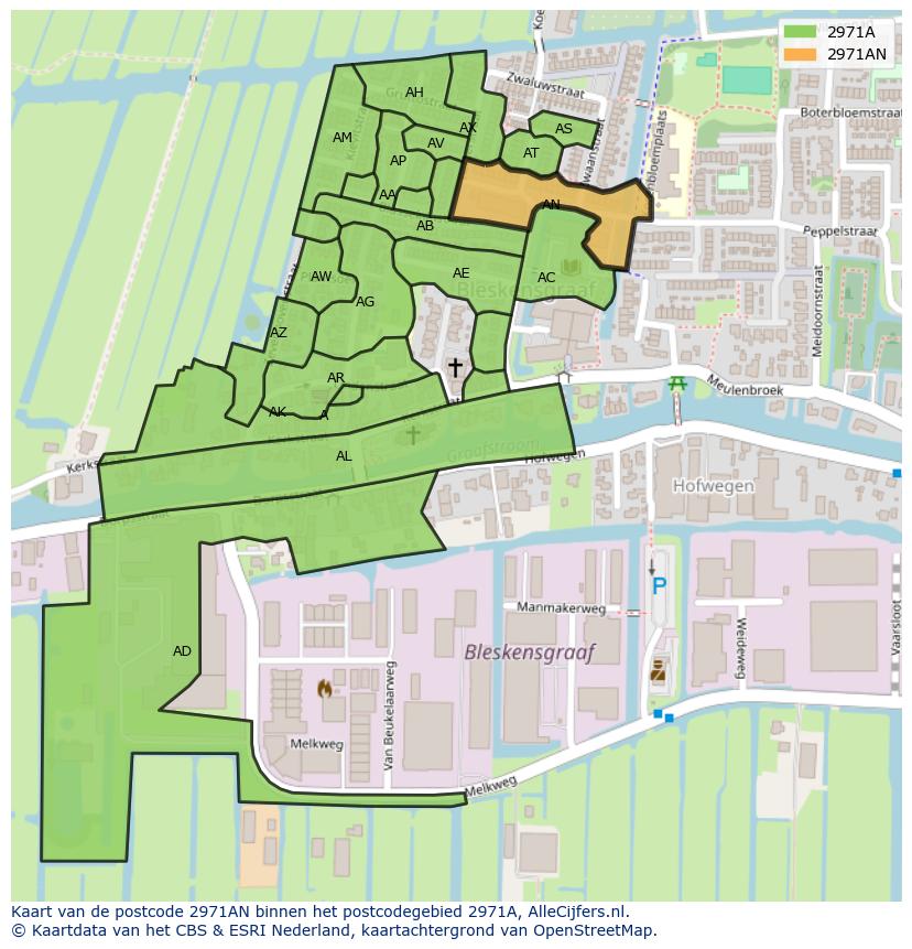 Afbeelding van het postcodegebied 2971 AN op de kaart.