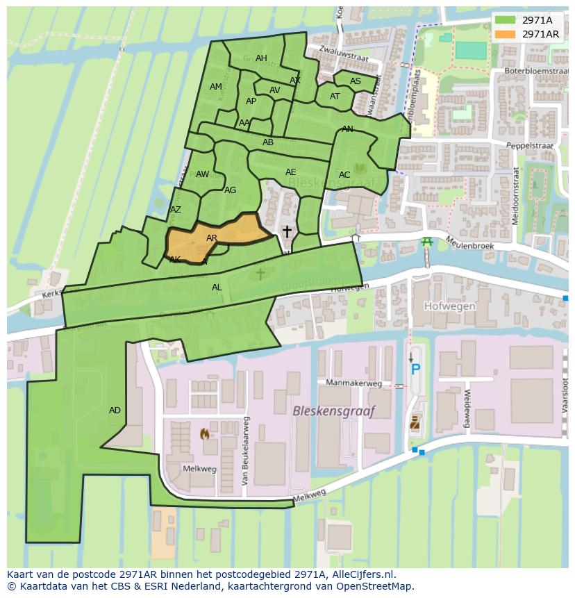 Afbeelding van het postcodegebied 2971 AR op de kaart.