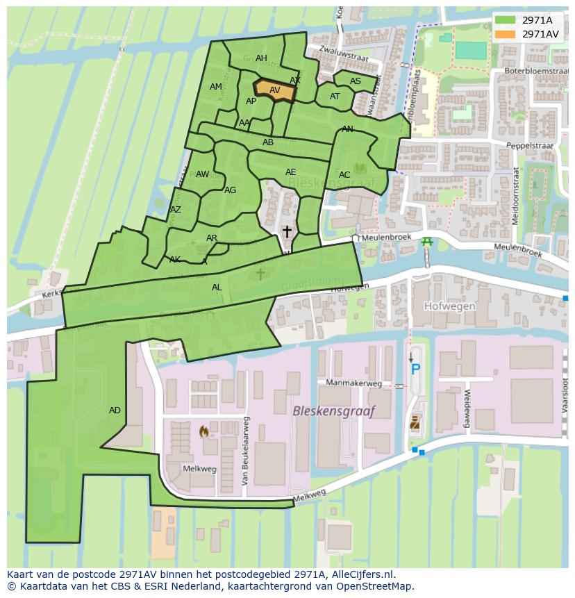 Afbeelding van het postcodegebied 2971 AV op de kaart.