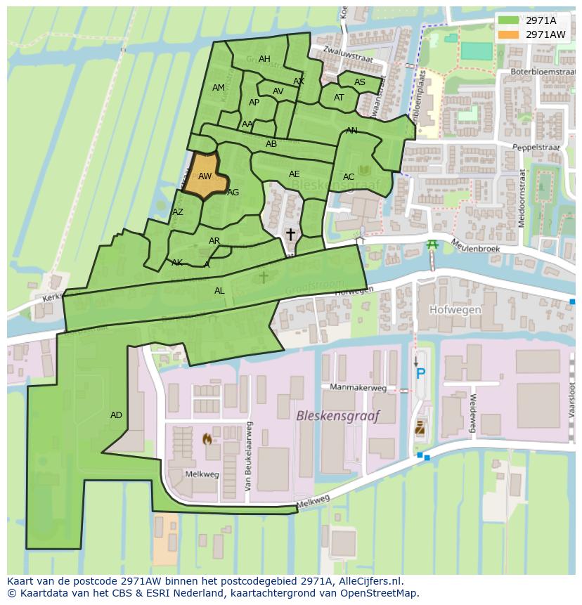 Afbeelding van het postcodegebied 2971 AW op de kaart.