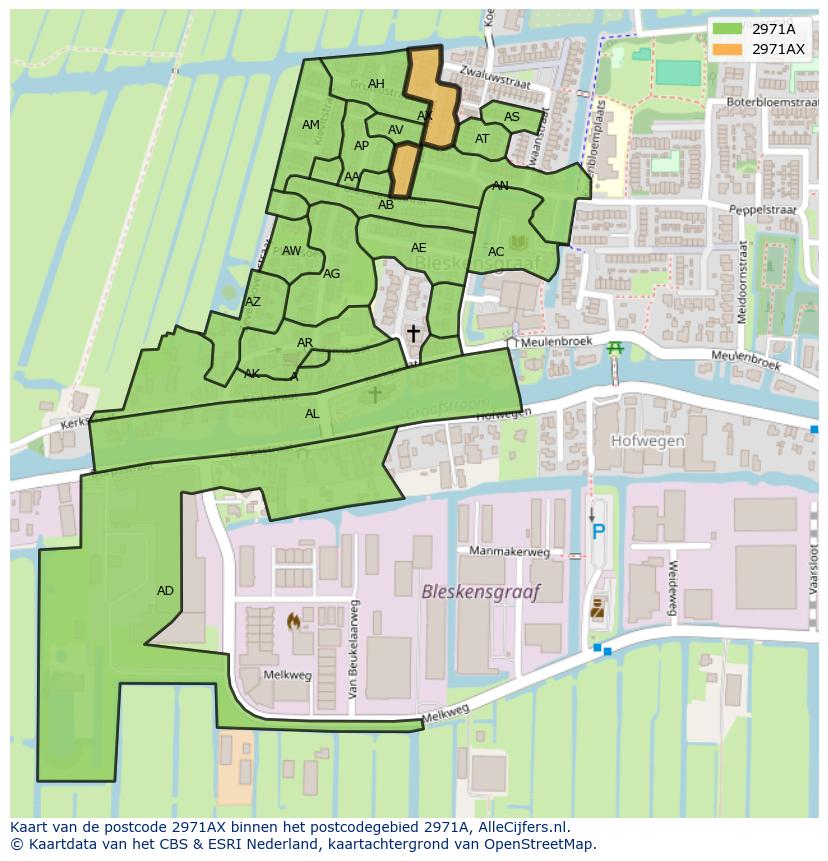 Afbeelding van het postcodegebied 2971 AX op de kaart.