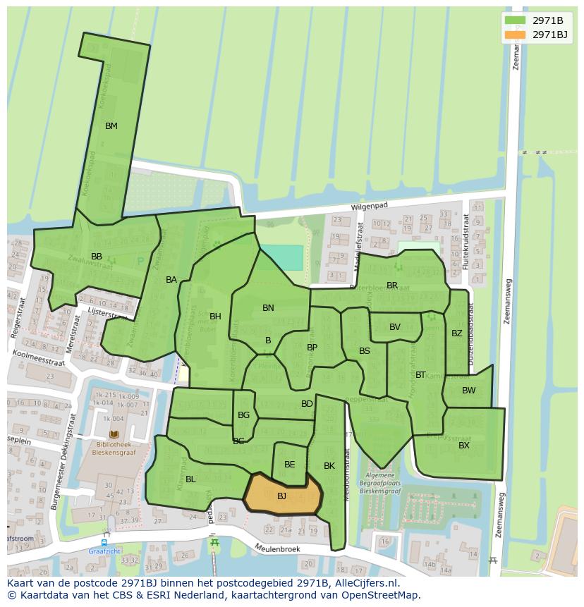 Afbeelding van het postcodegebied 2971 BJ op de kaart.