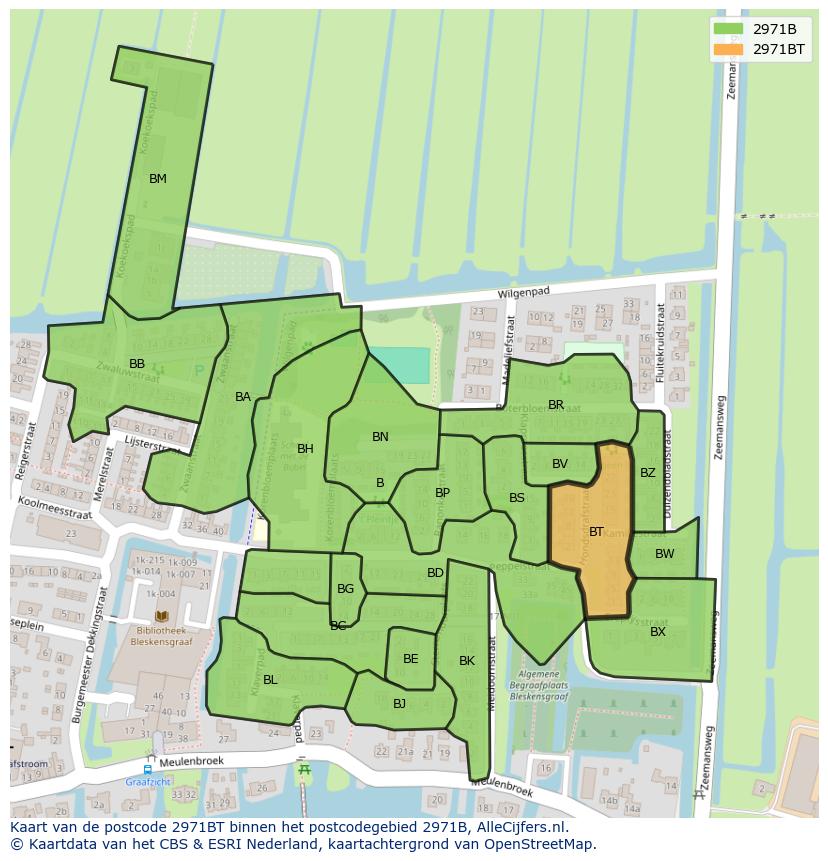 Afbeelding van het postcodegebied 2971 BT op de kaart.