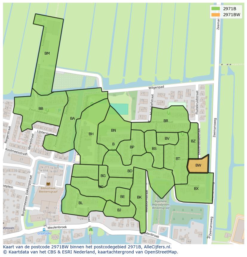 Afbeelding van het postcodegebied 2971 BW op de kaart.