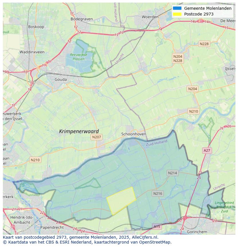 Afbeelding van het postcodegebied 2973 op de kaart.