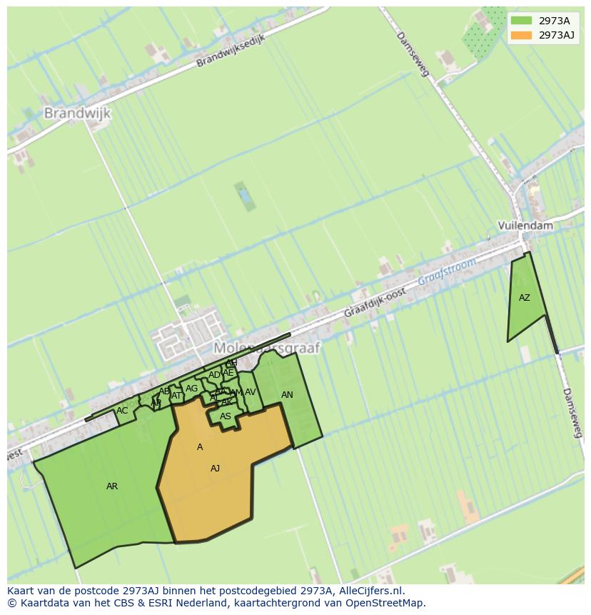 Afbeelding van het postcodegebied 2973 AJ op de kaart.