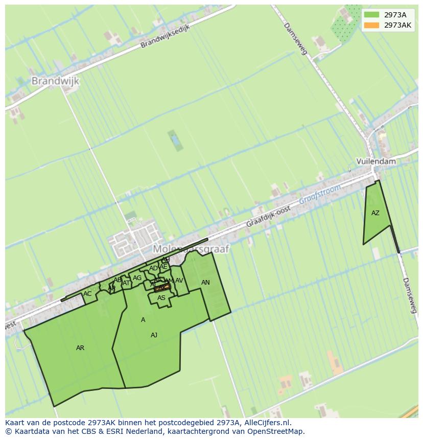 Afbeelding van het postcodegebied 2973 AK op de kaart.