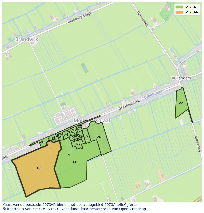 Afbeelding van het postcodegebied 2973 AR op de kaart.