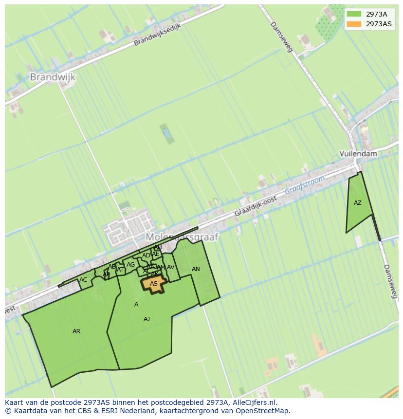 Afbeelding van het postcodegebied 2973 AS op de kaart.