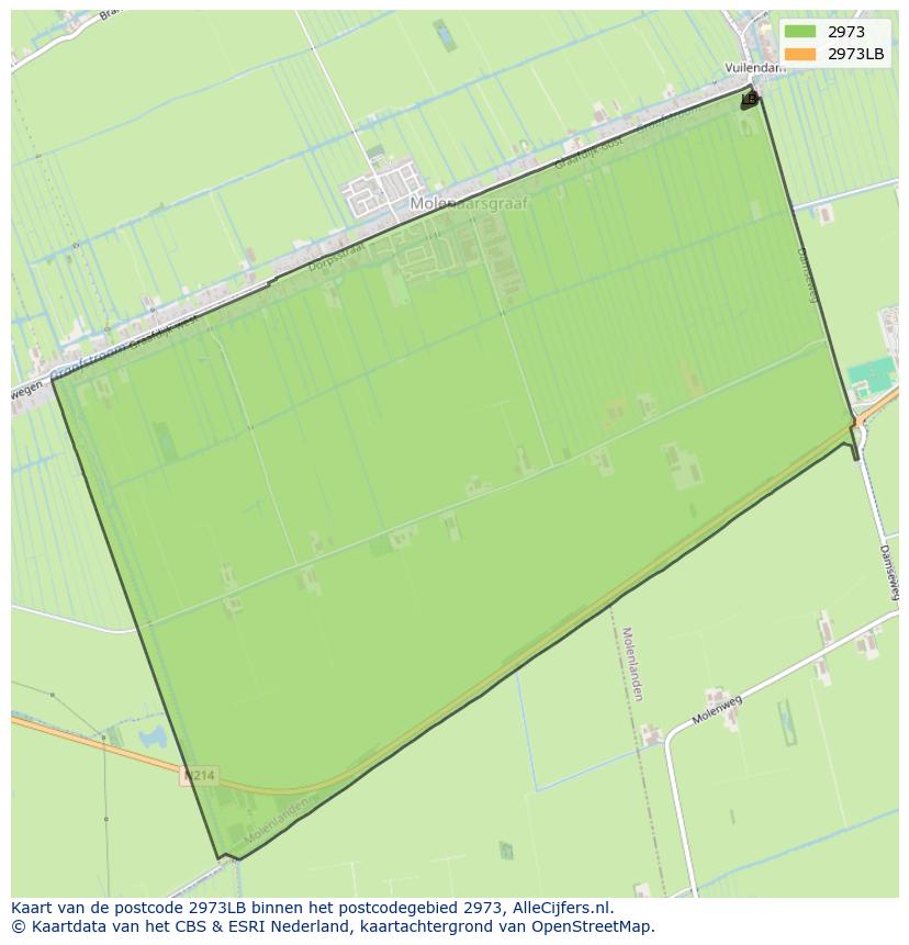 Afbeelding van het postcodegebied 2973 LB op de kaart.