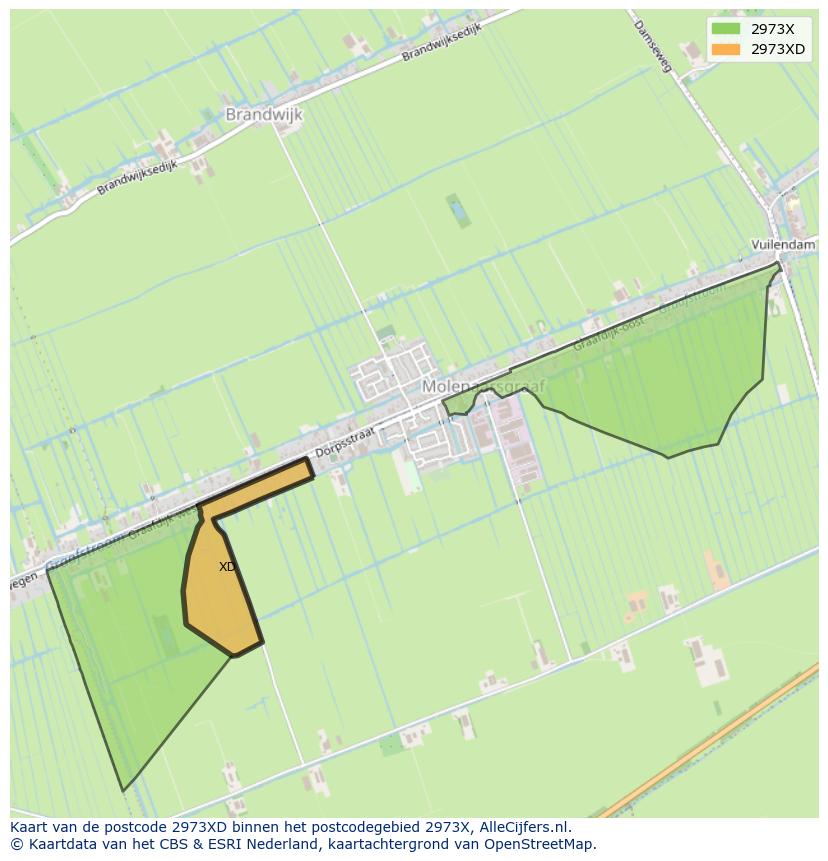 Afbeelding van het postcodegebied 2973 XD op de kaart.