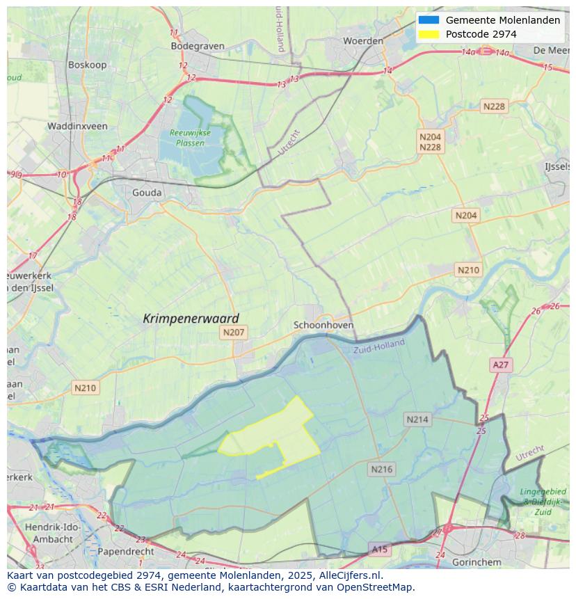 Afbeelding van het postcodegebied 2974 op de kaart.