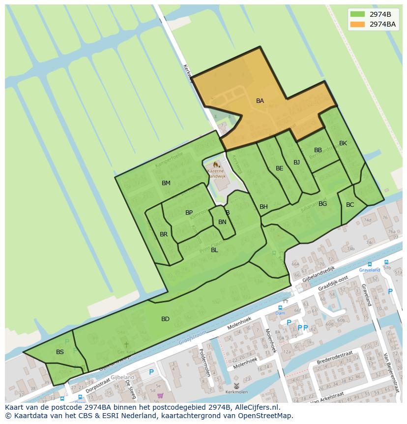 Afbeelding van het postcodegebied 2974 BA op de kaart.