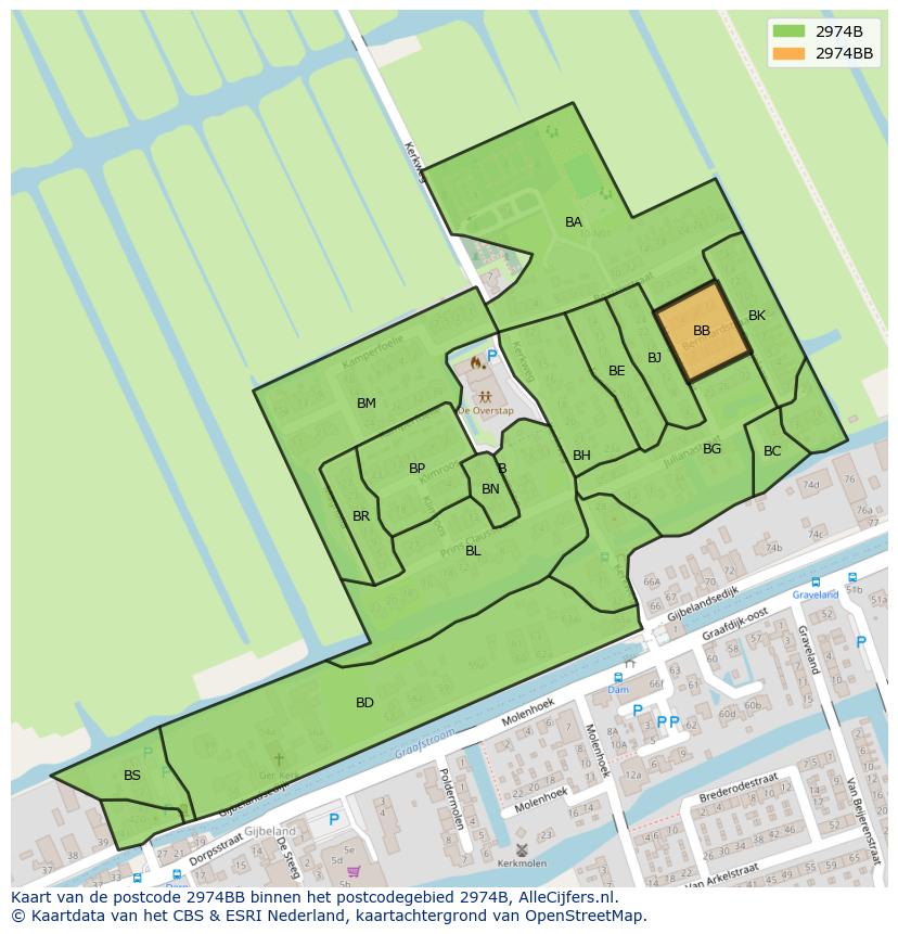 Afbeelding van het postcodegebied 2974 BB op de kaart.