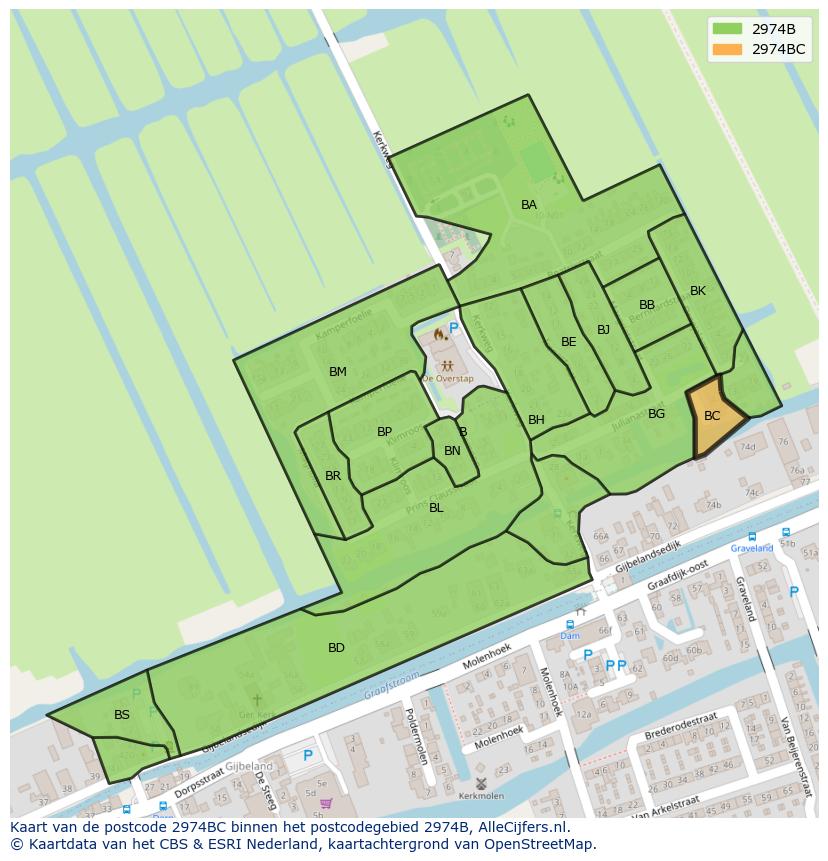 Afbeelding van het postcodegebied 2974 BC op de kaart.