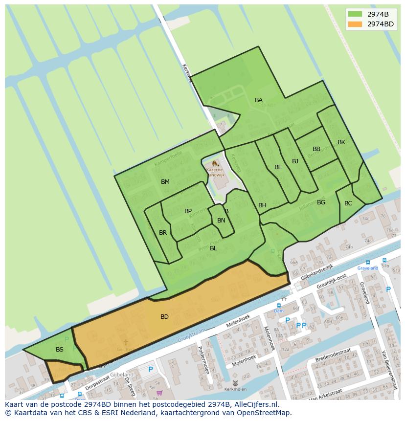 Afbeelding van het postcodegebied 2974 BD op de kaart.