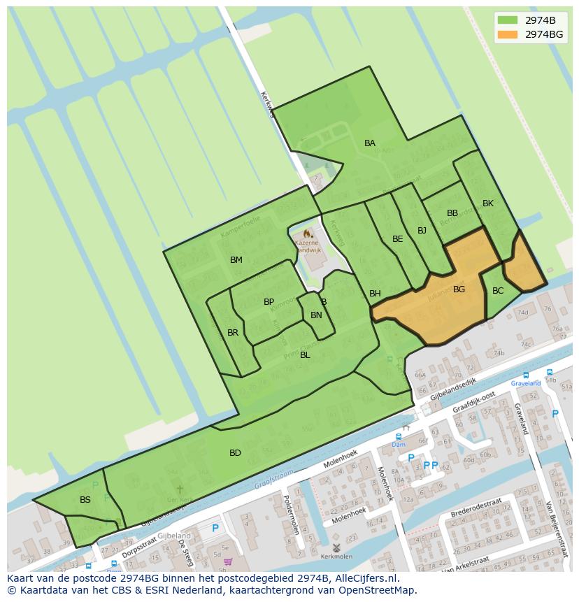 Afbeelding van het postcodegebied 2974 BG op de kaart.