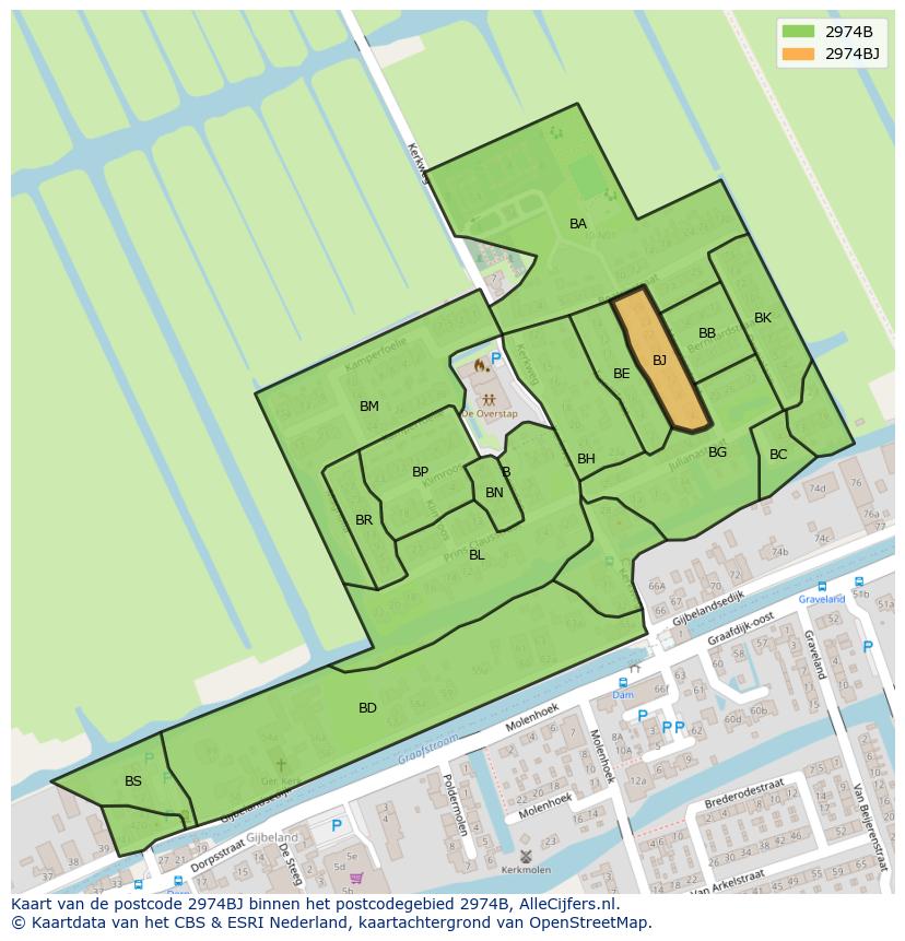 Afbeelding van het postcodegebied 2974 BJ op de kaart.