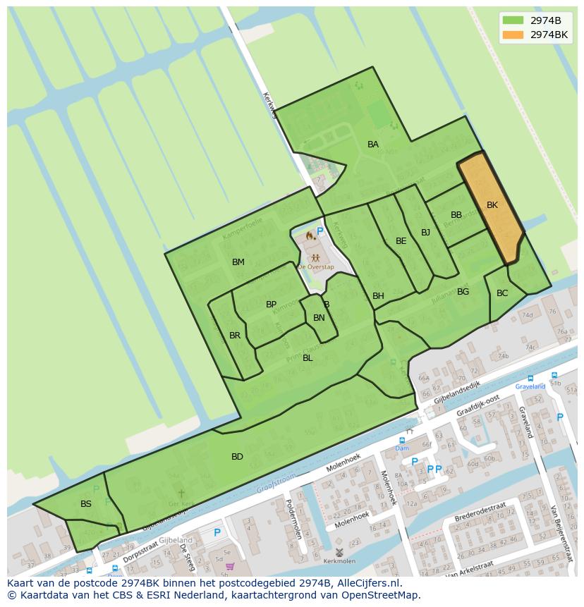 Afbeelding van het postcodegebied 2974 BK op de kaart.