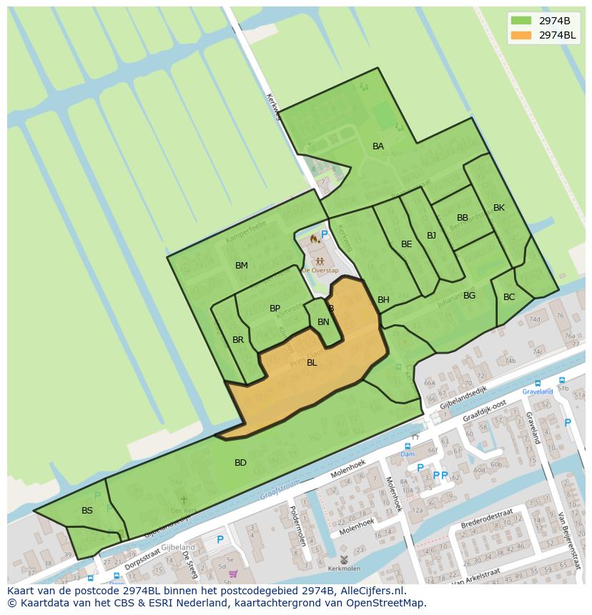 Afbeelding van het postcodegebied 2974 BL op de kaart.