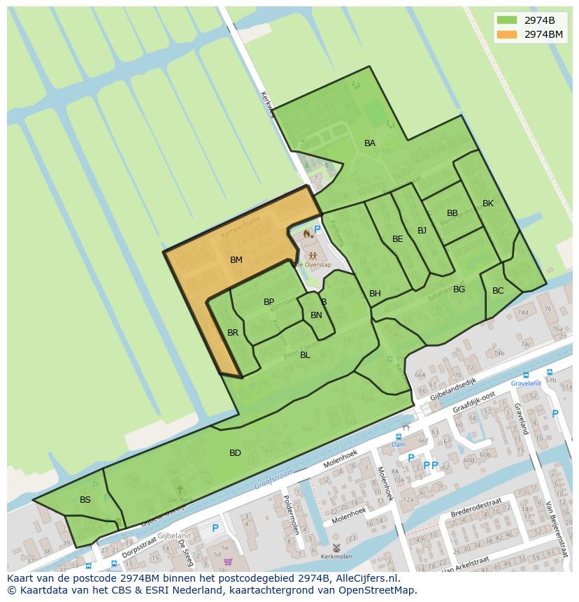 Afbeelding van het postcodegebied 2974 BM op de kaart.
