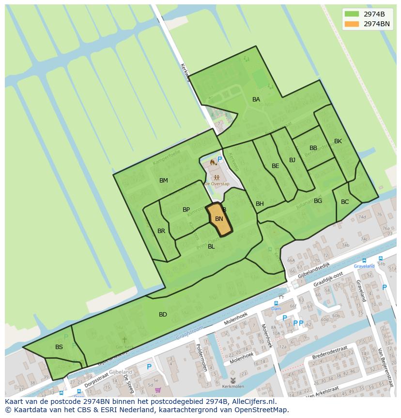 Afbeelding van het postcodegebied 2974 BN op de kaart.