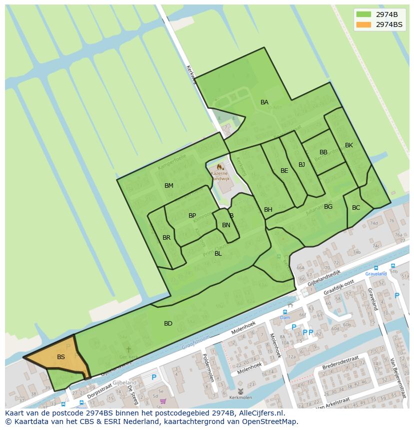 Afbeelding van het postcodegebied 2974 BS op de kaart.