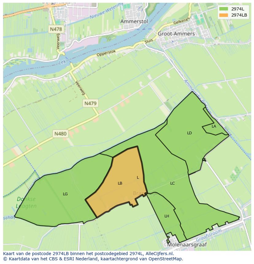 Afbeelding van het postcodegebied 2974 LB op de kaart.