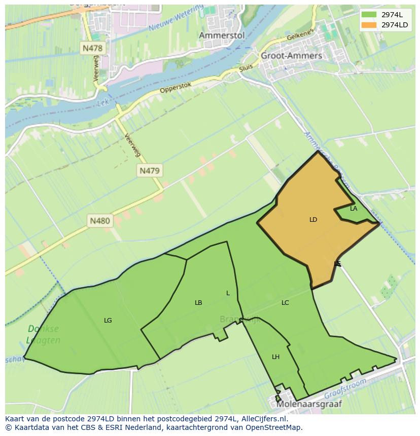 Afbeelding van het postcodegebied 2974 LD op de kaart.