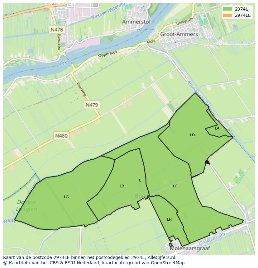 Afbeelding van het postcodegebied 2974 LE op de kaart.