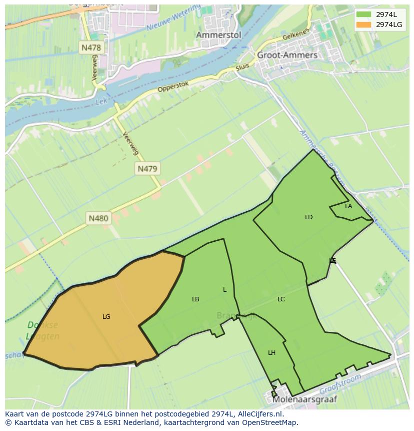 Afbeelding van het postcodegebied 2974 LG op de kaart.