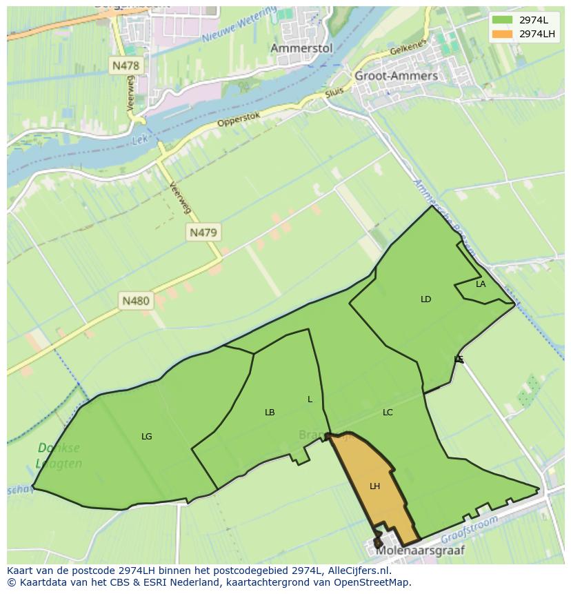 Afbeelding van het postcodegebied 2974 LH op de kaart.